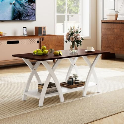 Giantex Farmhouse Coffee Table, 2-Tier Wood Center Table with Storage Shelf & X-Shaped Support Legs, 40 Inch Rectangular Living Room Table with Open Display Area for Small Space (Walnut&White) - color: Walnut & White