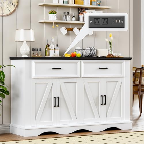56" White Modern Farmhouse Sideboard Buffet Cabinet with Charging Station | 4 Doors 2 Drawers, Adjustable Shelves & Soft Close Hinges, Coffee Bar Cabinet for Kitchen Living Room Entryway, Easy Assembly - color: White, size: 2 drawers and 4 doors