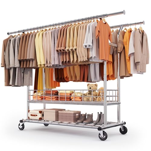 HOKEEPER Heavy Duty Clothes Rack Load 635 LBS, Double Rod with Metal Basket | Adjustable Clothing Rack, Rolling Garment Rack with Wheels for Bedroom, Living Room, Large Storage Space, 21.6"Dx71"Wx68"H - color: Silver