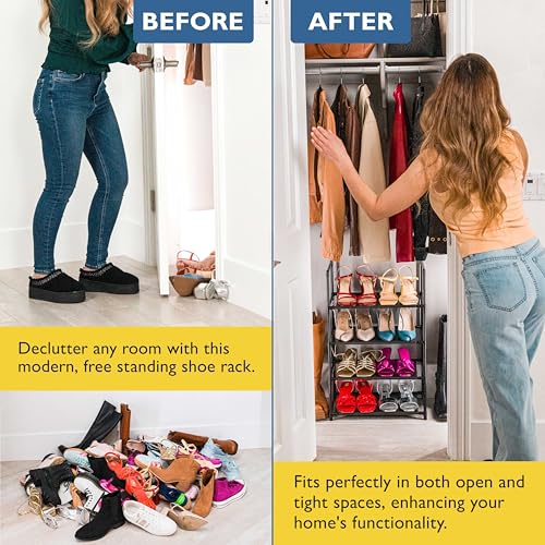 Sundaze Shoe Rack - 4 Tier Shoe Rack for Closet, Sturdy Stackable Shoe Organizer for Closet, Bedroom, Entryway, Garage, Non Woven Fabric Shelf, Black, Holds 8-12 Pairs - size: 4 Tier (18.3" W)