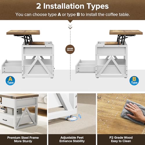 40" Lift Top Coffee Table with Storage,White | 4 in 1 Multi-Function Lifting top Coffee Tables with Storage Drawers and Hidden Compartmen,for Living Room - color: White+brown