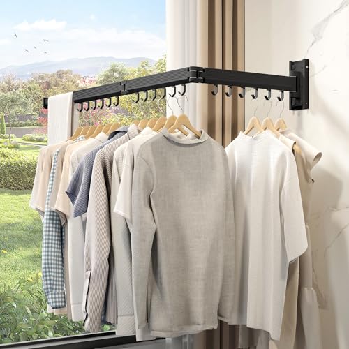 Wall Mounted Tri-Fold Clothes Drying Rack, Heavy Duty Collapsible Laundry Drying Rack, Space-Saving Retractable Foldable Drying Rack Clothes for Laundry Room Balcony Bathroom,Black-Hooks - style: Black-Hooks