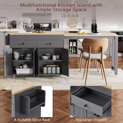 Kitchen Island, Extendable Dining Table with Storage | Extendable dining table, expands from prep station to dining table, seats up to 2 extra guests, saves space when closed - color: Grey