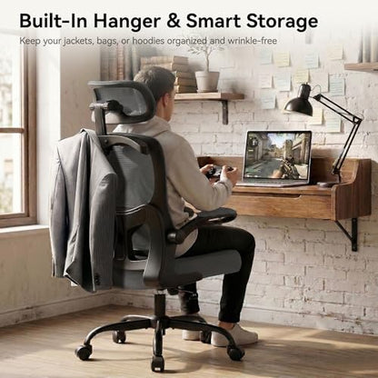 Ergonomic Office Chair, Desk Chair with Adjustable Lumbar Support | High Back Breathable Mesh Computer Chair with Adjustable Headrest,Hanger,Flip Up Armrest and Rocking Function for Home Office - color: Dark Gray