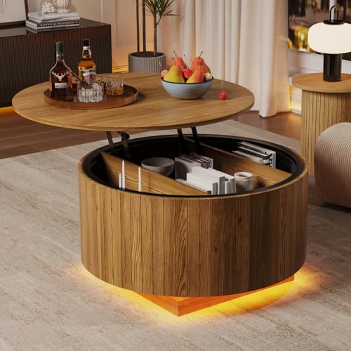 kepptory Round Lift Top Coffee Table with LED Lights, Mid Century Modern Wooden Coffee Tables with 3 Storage Space, Circle Center Table for Living Rooms,Dining Room,Bedroom Home Office,APP LED Lights - color: Walnut2