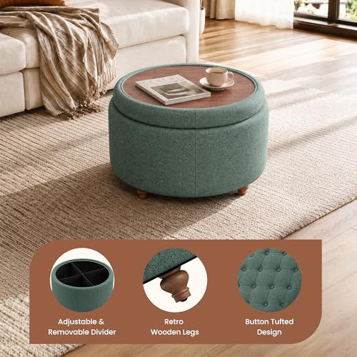 25" Round Ottoman with Storage, Small Coffee Table with Reversible Tray Lid | Tufted Fabric Round Storage Ottoman with Solid Wood Legs, 3-in-1 Footrest for Living Room, Bedroom, Entryway, Green - color: Green