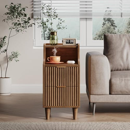 Narrow Nightstand Set of 2,11.8" Fluted Bedside Table Set of 2, Slim Side End Table with 2 Drawers, Wooden Bedside Table, Mid Century Modern Night Stand for Bedroom Livingroom Sofa Office - color: Walnut,11.8" With 2 Drawers