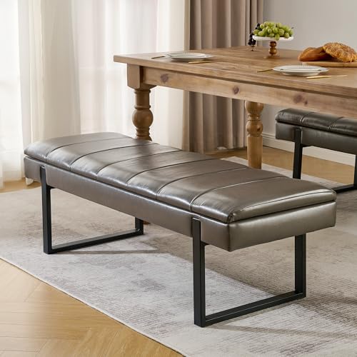 Storage Bench, Breakfast Nook Bench with Hidden Storage, Premium Faux Leather Cushion & Metal Base, 53 Inch Extra Seating for Dining Room/Living Room, Entryway - color: Grey