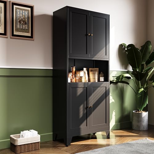 69" H Kitchen Pantry Cabinet with Countertop,Kitchen Hutch Cabinet with Storage,Black Metal Storage Cabinet,Microwave Cabinet, - color: Black, size: 69"H-4Doors