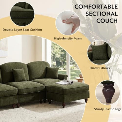 Modular Sectional Sofa Couch, Comfy Chenille Sofa with Removable Ruffled Skirt, Flared Armrests, Sturdy Legs, Convertible Sectional for Living Room, Bedroom, Apartment (Green) - color: Green, size: 107.1 Inch L