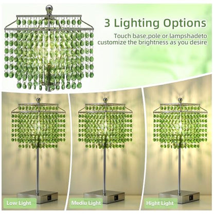 Luvkczc Crystal Table Lamp with Touch Control, Bedside Crystal Table Lamp with USB C+A Ports,Dimmable Lamp for Girls Bedroom, Living Room, Green & B11 LED Bulb Included - color: Green