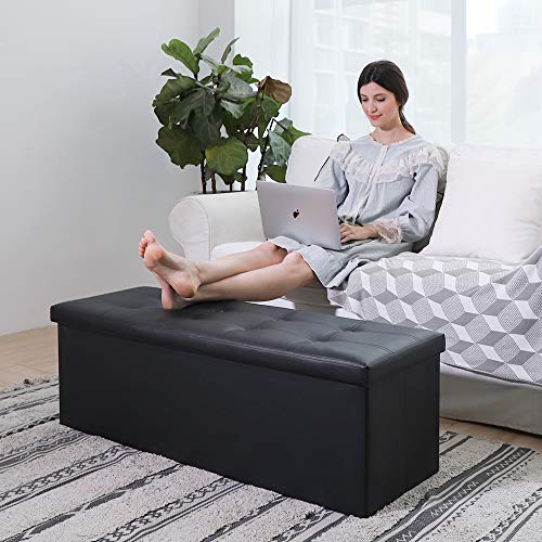 Camabel 43 Inch Folding Storage Ottoman Bench 125L Hold up 700lbs Ottoman with Storage Chest Foam Seat Padded Foot Rest Stool Faux Leather Bedroom Bench with Storage Coffee Table Black - color: Black
