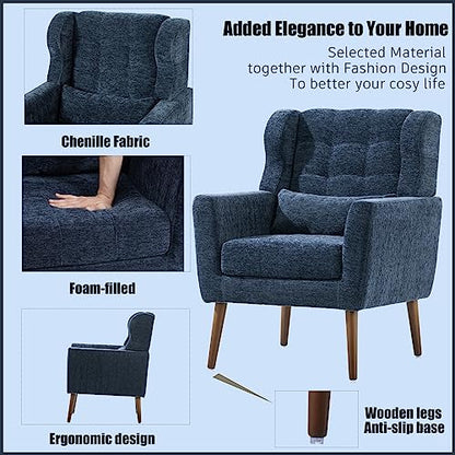 Accent Chair, Living Room Chairs with Solid Wood Legs & Pillow | Chairs Living Room with High Tufted Backrest, Reading Chair for Bedroom/Office, Chenille Fabric - color: Dark Blue