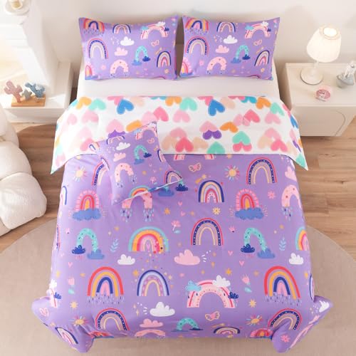 Rainbow Girls Bedding Set Twin Size, Love Hearts Rainbow Comforter Set Twin Purple Bedding Sets for Girls Kids - color: Rainbow-3, size: Twin-4pcs