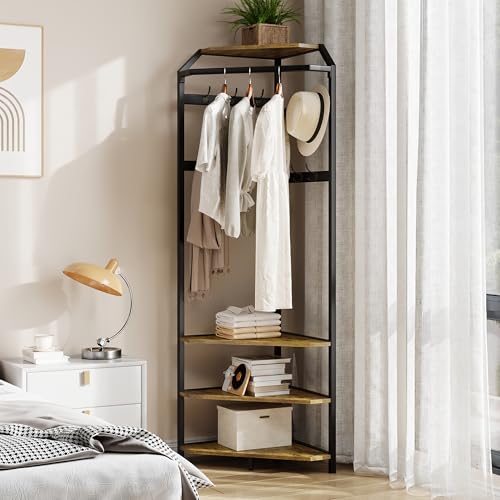 IDEALHOUSE Vintage Hall Tree with 6 Double Hooks，Entryway Storage Bench with Shelf, Corner Coat Rack with Shoe Bench，Wooden Hanger Stand for Jackets Hats and Shoes - color: Vintage