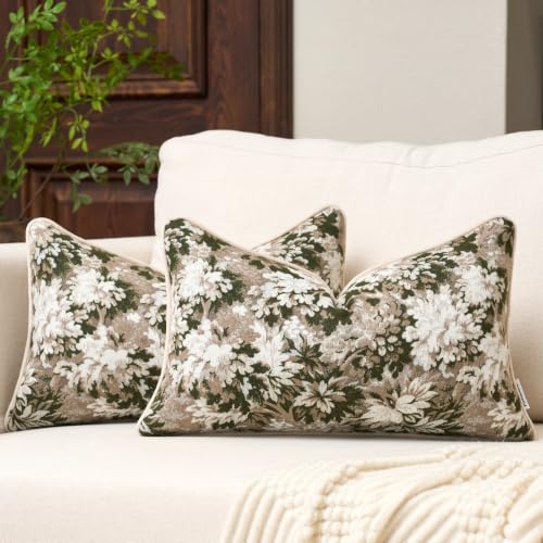Fanami Vintage Floral Lumbar Throw Pillow Covers 12x20 Set of 2 Boho Farmhouse Accent Pillowcase Neutral Modern Chenille Rectangle Decorative Cushion Covers for Couch Bed Living Room Home Decor, Green - color: Green, size: 20" x 12" (Pack of 2)