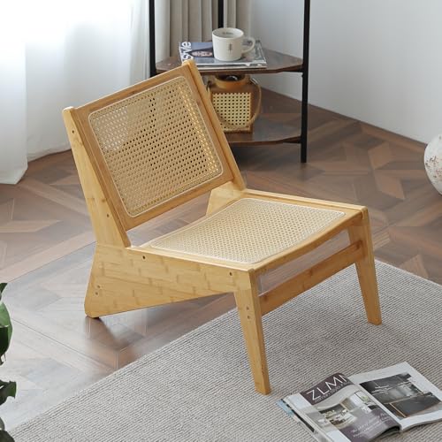 MBOOYOME Mid Century Modern Accent Chair, Compact Low-Profile Lounge Chair | Solid Wood Armchair with Woven Rattan Cane Seat and Back for Small Spaces, Bedroom, Reading Nook and Living Room, Wood - color: Wood