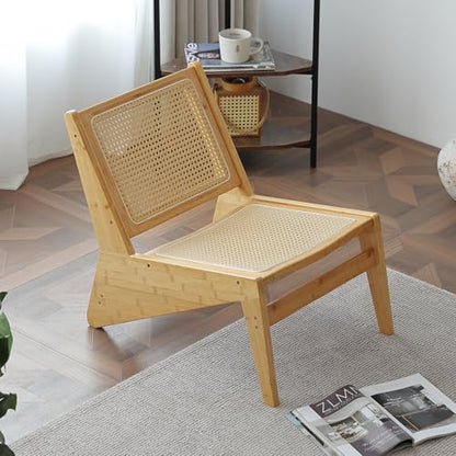 MBOOYOME Mid Century Modern Accent Chair, Compact Low-Profile Lounge Chair | Solid Wood Armchair with Woven Rattan Cane Seat and Back for Small Spaces, Bedroom, Reading Nook and Living Room, Wood - color: Wood