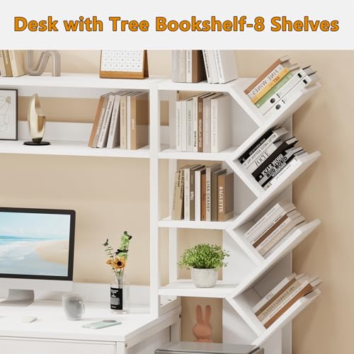 52" Computer Desk with Bookshelf, 5 Drawers ＆ Hutch for Bedroom | White Office Desk with Printer Shelf, Study Writing Desk with Storage Shelves - color: White