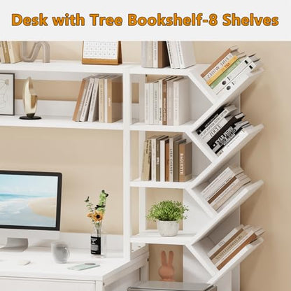 52" Computer Desk with Bookshelf, 5 Drawers ＆ Hutch for Bedroom | White Office Desk with Printer Shelf, Study Writing Desk with Storage Shelves - color: White
