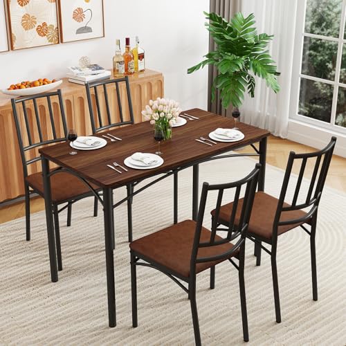 5-Piece Dining Table Set with 4 Chairs & Adjustable Feet, Upholstered Seats Kitchen Table and Chairs Set of 4, Space-Saving Design for Small Apartments and Dining Rooms, Walnut - color: Walnut, size: 5-piece