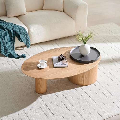 47.24" Modern Coffee Table with Storage Space, Round Low End Table, Rustic Style Bedside Table for Bedroom Living Room - color: Oval+tray-natural