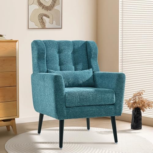 Modern Accent Chair, Upholstered Armchair with Pillow, Fabric Single Sofa Chair with Lounge Seat and Wood Legs Accent Chair for Living Room Bedroom Small Spaces (Teal) - color: Teal, size: Set of 1