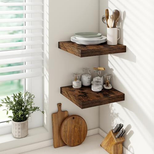 Vivelove Square Floating Shelves 12x12” Set of 2, Rustic Brown | Easy Install with Hardware, Invisible Brackets, No Sagging, Living Room Display Shelf, 2" Thick，Engineered Wood - color: Rustic Brown, size: 12”wx12”dx2”h