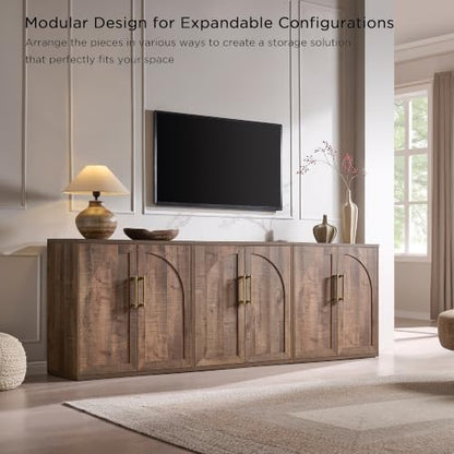 Arched Door Sideboard Buffet Cabinet Set of 3, Rustic Oak | Modular, Multi-Compartment Storage, Adjustable Shelf, Soft Close Hinges, Freestanding, for Dining Room, Living Room - color: Rusti Brown