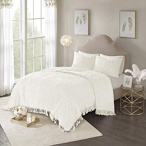 Madison Park Laetitia Lightweight 100% Cotton Quilt Set, Breathable Chenille Tufted, Shabby Chic Boho Medallion Design, Sham, Floral Ivory w/ Tassels, Full/Queen (90 in x 90 in) 3 Piece | Lightweight Bedding Set, Shabby Chic, Boho, Medallion, Floral, Mach