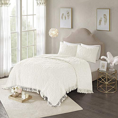 Madison Park Laetitia Lightweight 100% Cotton Quilt Set, Breathable Chenille Tufted, Shabby Chic Boho Medallion Design, Sham, Floral Ivory w/ Tassels, Full/Queen (90 in x 90 in) 3 Piece | Lightweight Bedding Set, Shabby Chic, Boho, Medallion, Floral, Mach