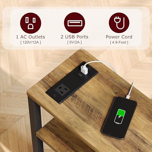 Narrow Side Table with Charging Station Slim End Table Sofa with Magazine Rack, Bedside Table for Small Spaces, 3 Tier Nightstand for Living Room Couch, Bedroom Walnut Brown LET503BRE - color: Walnut Brown, style: With Charging Station
