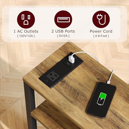 Narrow Side Table with Charging Station Slim End Table Sofa with Magazine Rack, Bedside Table for Small Spaces, 3 Tier Nightstand for Living Room Couch, Bedroom Walnut Brown LET503BRE - color: Walnut Brown, style: With Charging Station
