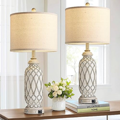 Farmhouse Table Lamps for Bedroom Set of 2, 28" Rustic Bedside Lamp with USB Ports, 3-Way Dimmable Nightstand Table Lamp for Living Room - color: 1.off white