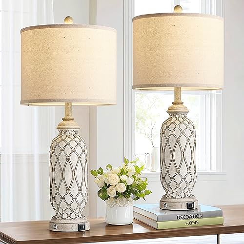 Farmhouse Table Lamps for Bedroom Set of 2, 28" Rustic Bedside Lamp with USB Ports, 3-Way Dimmable Nightstand Table Lamp for Living Room - color: 1.off white