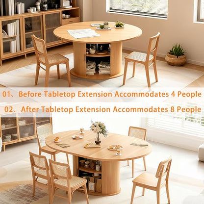 Wildhome Extendable Round Dining Table for 2-4-6, 63 Inch Dining Room Kitchen Table with 2-Tier Storage Shelf, Modern Farmhouse Fluted Wood Slide Door Dinner Furniture,Oval Circle (Oak-63 Inch) - color: Oak-63 Inch