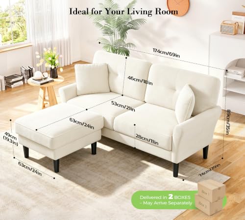 Kidirect Small Sectional Couch, 69" L Shaped Couch, Sectional Sofa, White | Comfy Velvet Couch, Tool-Free Setup, 750lb Max Load, Movable Ottoman, Ideal for Living Room, Bedroom, Apartment, Office - color: White, size: 69" L Shape