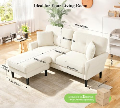 Kidirect Small Sectional Couch, 69" L Shaped Couch, Sectional Sofa, White | Comfy Velvet Couch, Tool-Free Setup, 750lb Max Load, Movable Ottoman, Ideal for Living Room, Bedroom, Apartment, Office - color: White, size: 69" L Shape