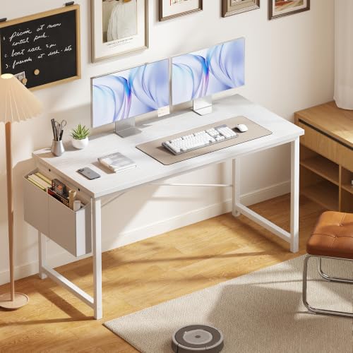 OLIXIS Computer Desk, 55 Inch Gaming Desks for Home Office Small Spaces | Writing Study Craft Work Table, Computer Workstation for Bedroom with Storage Bag, All White - color: White Table Top &White Legs, size: 55 Inch