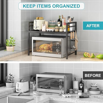 DOLALIKE Microwave Oven Rack, Expandable Microwave Stand Countertop Kitchen Utensils Tableware Storage, Carbon Steel Over Microwave Shelf Countertop with 3 Hooks | Adjustable Microwave Oven Rack Metal Storage Shelf for Pans Small Appliances Kitchen Utensi