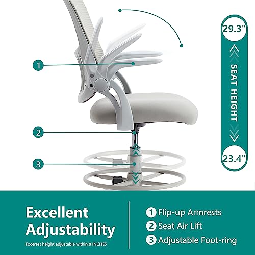 DUMOS Tall Drafting Chair, High Office Chair for Standing Desk | Flip-up Arms, Counter Height Adjustable, Mid Back Mesh, 360° Rolling Swivel Wheels, Grey - color: Grey, size: 18.5"D
