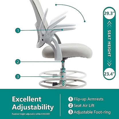 DUMOS Tall Drafting Chair, High Office Chair for Standing Desk | Flip-up Arms, Counter Height Adjustable, Mid Back Mesh, 360° Rolling Swivel Wheels, Grey - color: Grey, size: 18.5"D