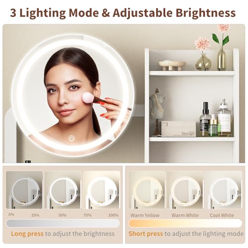 VFK Small Vanity Desk with Mirror and Lights, Makeup Vanity Table with LED Mirror, 3 Lighting Modes, Power Outlet, Drawer, Open Shelves and Cushioned Stool for Bedroom (White) - color: White
