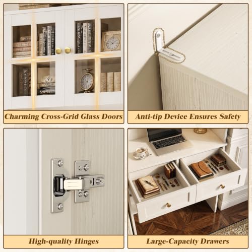 Besiost Farmhouse Desk with Glass Hutch, Small Writing Study Desk with Drawers, Multi-Function Desk for Home Office, Bedroom, Kitchen, Distressed White (27.6" L × 11.8" D × 80" H) - color: Distressed White, size: 27.6"