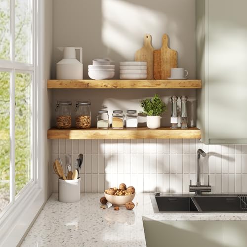 Fun Memories Solid Elm Wood Live Edge Floating Shelves for Wall, 24 x 8 Inch Rustic Wall Shelves Set of 2 with Invisible Brackets for Living Room Bedroom Kitchen, Natural - color: Natural Finish, size: 24", 2-Pack