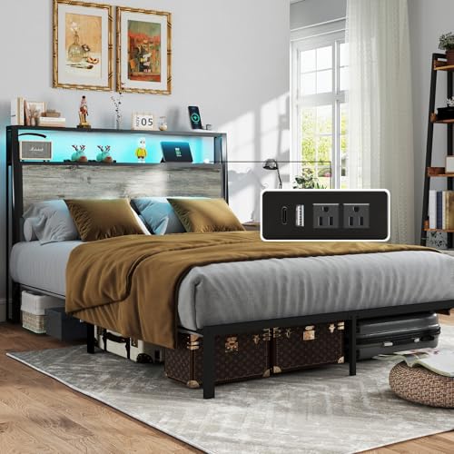 RVONOW Queen Size Bed Frame with 2-Tier Storage Headboard, Rustic Grey | Wooden headboard with LED lights, built-in charging station, No Box Spring Needed, Noise Free, Easy Assembly, Modern Bedroom - color: Rustic Grey, size: Queen