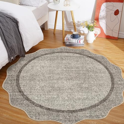 GarveeHome Scalloped Washable Small Round Rug 3 ft Non-Slip, Brown | Soft Christmas Solid Ultra-Thin Circle Low Pile Stain Resistant Carpet for Bedroom Entryway Kitchen Bathroom - color: Brown, size: 3' x 3' (Round)