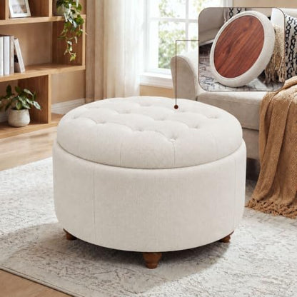 25" Round Ottoman with Storage, Small Coffee Table with Reversible Tray Lid | Tufted Fabric Round Storage Ottoman with Solid Wood Legs, 3-in-1 Footrest for Living Room, Bedroom, Entryway, Beige - color: Beige