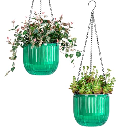 Josteve 6.5 Inch 2 Pcs Self Watering Hanging Planter Indoor Plant Pots Drainage Holes, Outdoor Hanging Planters Flower Pot Basket, Visible Water Level, Plant Hanger Home Decor, Gardening - color: Emerald, size: 2*6.5 inch