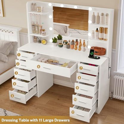 Quimoo Large Vanity Desk with Mirror and Lights, Makeup Vanity with 11 Drawers & 6 Open Shelves, 3 Color Modes & Adjustable Brightness, White Vanity for Girls - color: White 11 Drawers Vanity